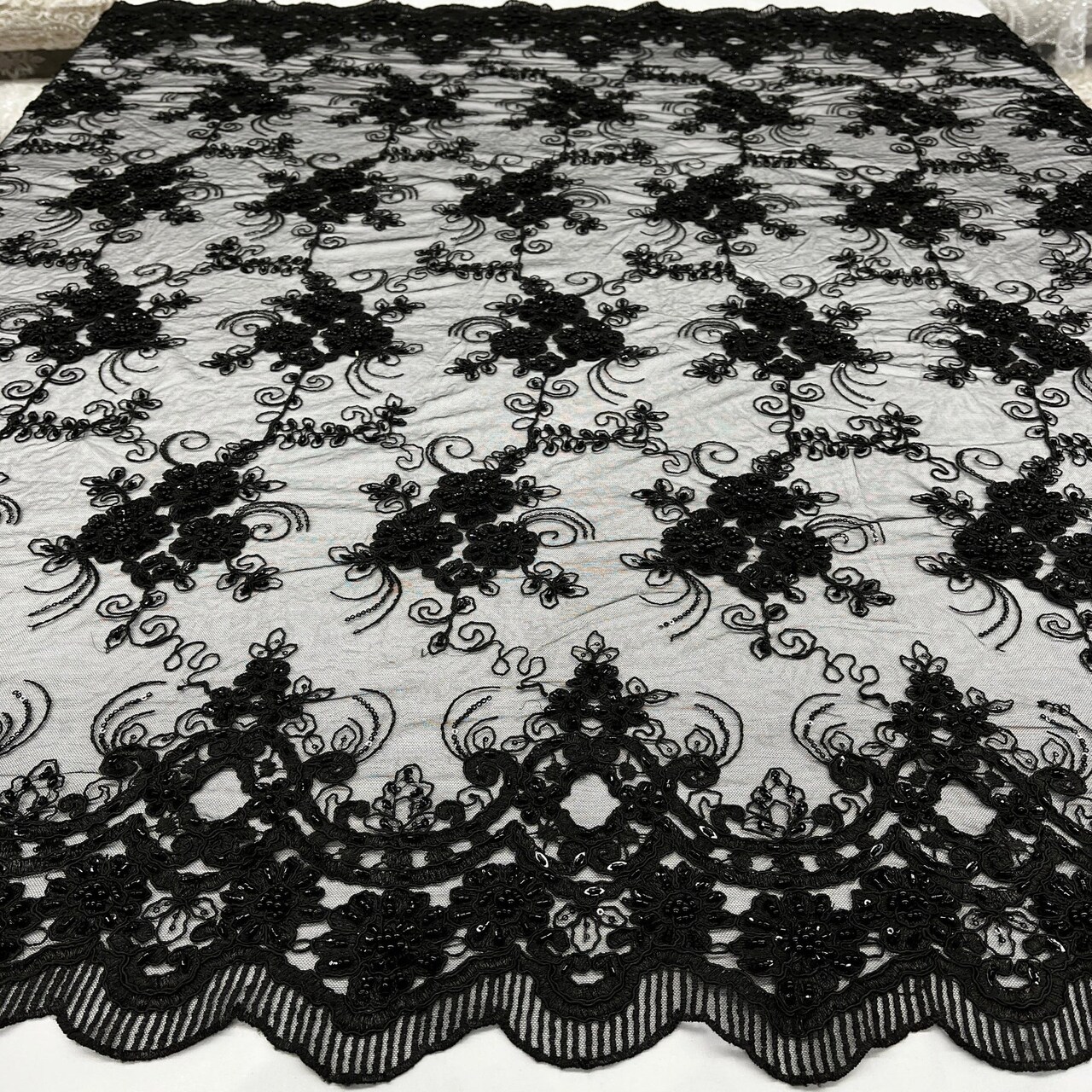 1 Yard Elegant Beaded and Corded Bridal Lace Fabric Embroidered on 100% Polyester Net Mesh 51" Width